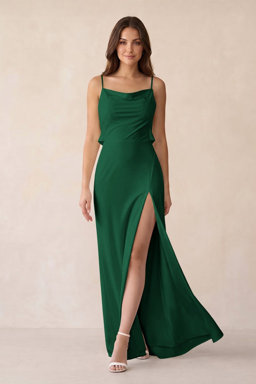 Sheath Satin Bridesmaid Dress with Side Slit in Green - KissProm Bridesmaid Dresses