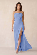 Sheath Satin Bridesmaid Dress with Side Slit in Ice - KissProm Bridesmaid Dresses