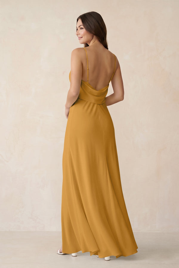 Sheath Satin Bridesmaid Dress with Side Slit in Marigold - KissProm Bridesmaid Dresses