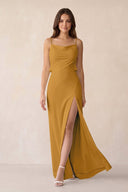 Sheath Satin Bridesmaid Dress with Side Slit in Marigold - KissProm Bridesmaid Dresses