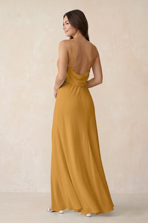 Sheath Satin Bridesmaid Dress with Side Slit in Marigold - KissProm Bridesmaid Dresses