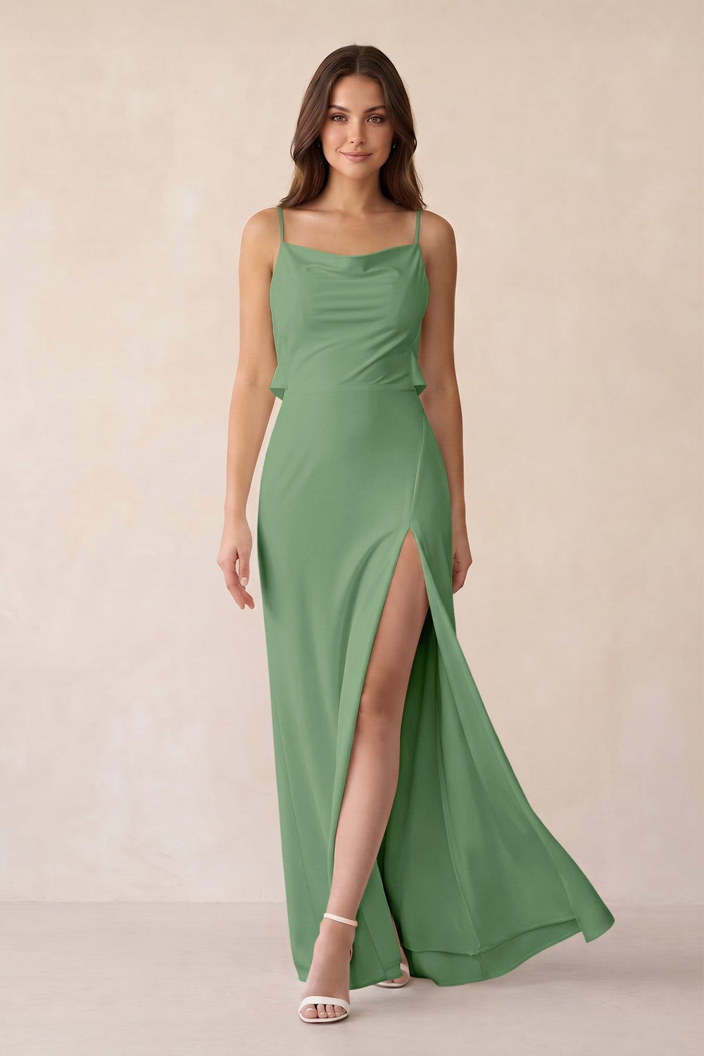 Sheath Satin Bridesmaid Dress with Side Slit in Matcha - KissProm Bridesmaid Dresses