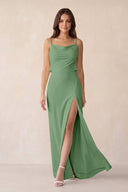 Sheath Satin Bridesmaid Dress with Side Slit in Matcha - KissProm Bridesmaid Dresses