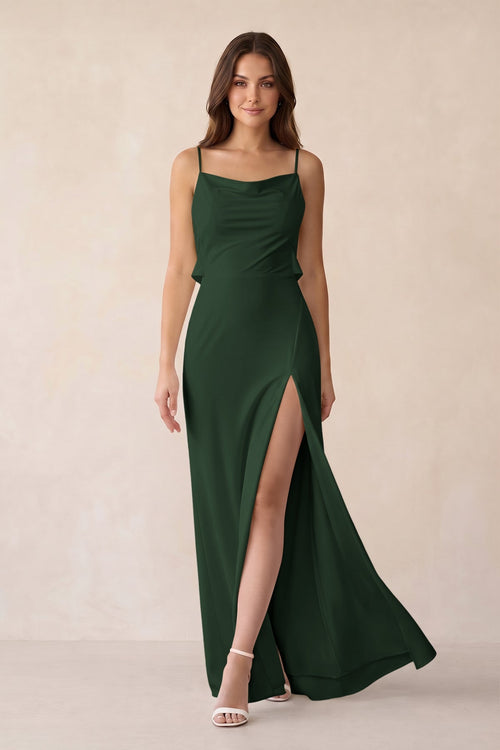 Sheath Satin Bridesmaid Dress with Side Slit in Moss - KissProm Bridesmaid Dresses