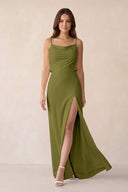 Sheath Satin Bridesmaid Dress with Side Slit in Moss Green - KissProm Bridesmaid Dresses