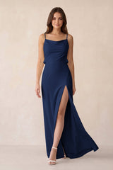 Sheath Satin Bridesmaid Dress with Side Slit in Navy - KissProm Bridesmaid Dresses