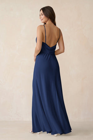 Sheath Satin Bridesmaid Dress with Side Slit in Navy - KissProm Bridesmaid Dresses