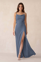 Sheath Satin Bridesmaid Dress with Side Slit in Neptune - KissProm Bridesmaid Dresses