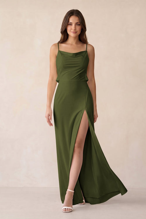 Sheath Satin Bridesmaid Dress with Side Slit in Olive - KissProm Bridesmaid Dresses