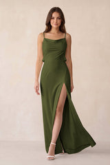 Sheath Satin Bridesmaid Dress with Side Slit in Olive - KissProm Bridesmaid Dresses
