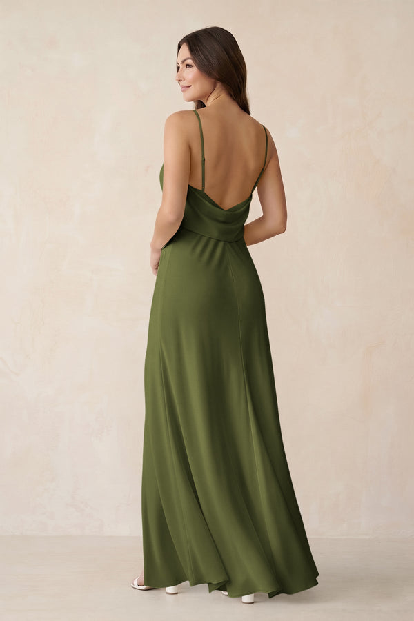 Sheath Satin Bridesmaid Dress with Side Slit in Olive - KissProm Bridesmaid Dresses