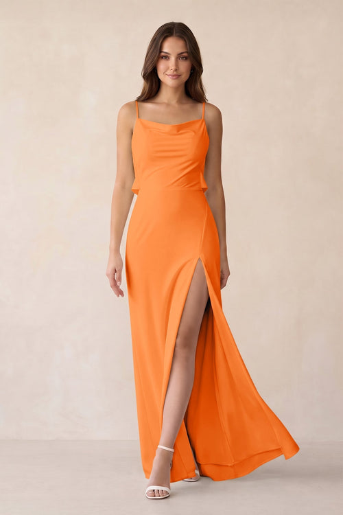 Sheath Satin Bridesmaid Dress with Side Slit in Orange - KissProm Bridesmaid Dresses