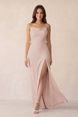 Sheath Satin Bridesmaid Dress with Side Slit in Pale Blush - KissProm Bridesmaid Dresses