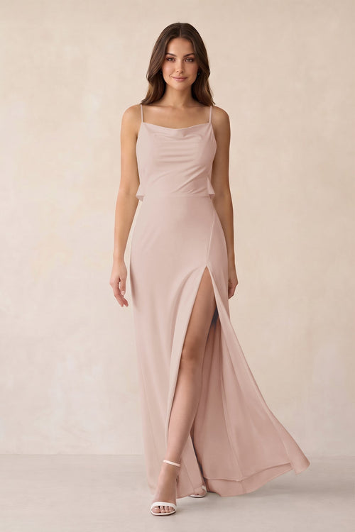 Sheath Satin Bridesmaid Dress with Side Slit in Pale Blush - KissProm Bridesmaid Dresses