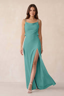 Sheath Satin Bridesmaid Dress with Side Slit in Pale Pistachio - KissProm Bridesmaid Dresses