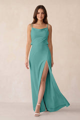 Sheath Satin Bridesmaid Dress with Side Slit in Pale Pistachio - KissProm Bridesmaid Dresses