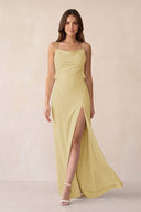 Sheath Satin Bridesmaid Dress with Side Slit in Pastel Yellow - KissProm Bridesmaid Dresses