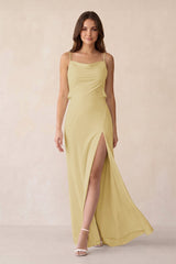 Sheath Satin Bridesmaid Dress with Side Slit in Pastel Yellow - KissProm Bridesmaid Dresses