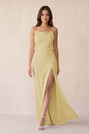 Sheath Satin Bridesmaid Dress with Side Slit in Pastel Yellow - KissProm Bridesmaid Dresses