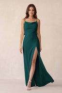 Sheath Satin Bridesmaid Dress with Side Slit in Pine - KissProm Bridesmaid Dresses