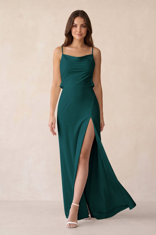 Sheath Satin Bridesmaid Dress with Side Slit in Pine - KissProm Bridesmaid Dresses