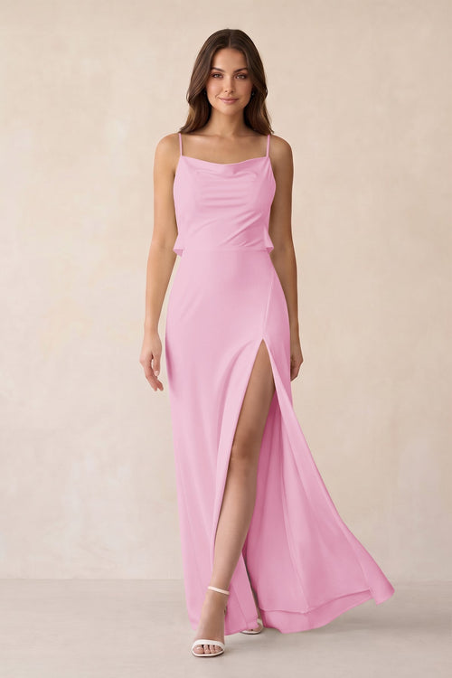 Sheath Satin Bridesmaid Dress with Side Slit in Pink - KissProm Bridesmaid Dresses