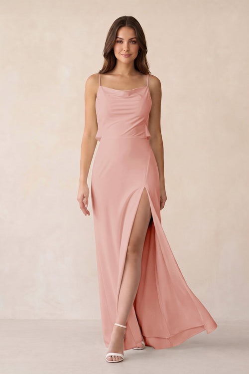 Sheath Satin Bridesmaid Dress with Side Slit in Rose Petal - KissProm Bridesmaid Dresses