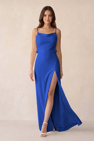 Sheath Satin Bridesmaid Dress with Side Slit in Royal Blue - KissProm Bridesmaid Dresses