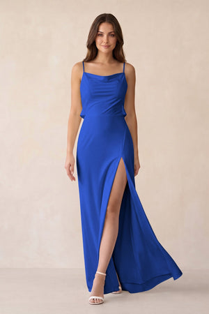 Sheath Satin Bridesmaid Dress with Side Slit in Royal Blue - KissProm Bridesmaid Dresses