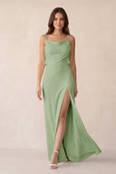 Sheath Satin Bridesmaid Dress with Side Slit in Sage - KissProm Bridesmaid Dresses
