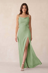Sheath Satin Bridesmaid Dress with Side Slit in Sage - KissProm Bridesmaid Dresses