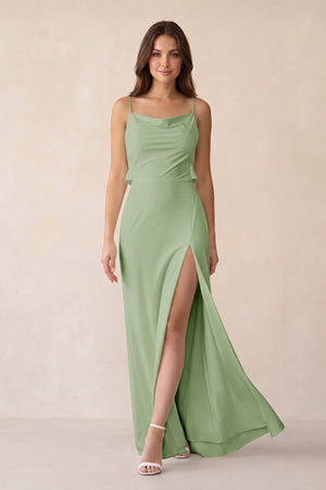 Sheath Satin Bridesmaid Dress with Side Slit in Sage - KissProm Bridesmaid Dresses