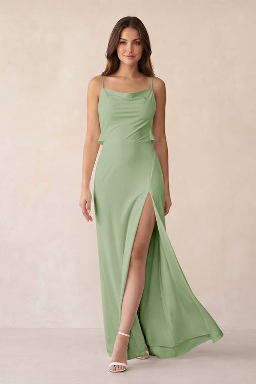 Sheath Satin Bridesmaid Dress with Side Slit in Sage - KissProm Bridesmaid Dresses