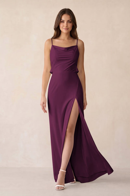 Sheath Satin Bridesmaid Dress with Side Slit in Sangria - KissProm Bridesmaid Dresses