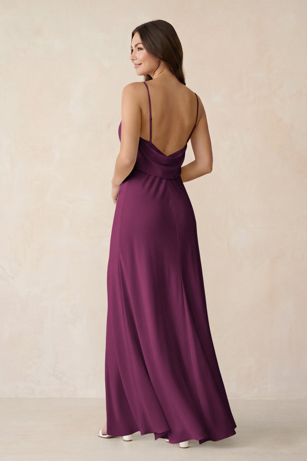 Sheath Satin Bridesmaid Dress with Side Slit in Sangria - KissProm Bridesmaid Dresses