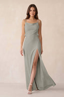Sheath Satin Bridesmaid Dress with Side Slit in Silver - KissProm Bridesmaid Dresses