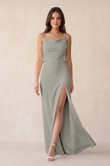 Sheath Satin Bridesmaid Dress with Side Slit in Silver - KissProm Bridesmaid Dresses