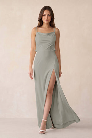 Sheath Satin Bridesmaid Dress with Side Slit in Silver - KissProm Bridesmaid Dresses