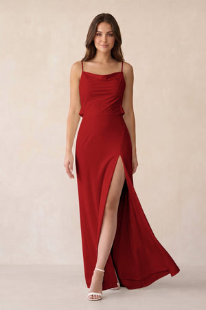 Sheath Satin Bridesmaid Dress with Side Slit in Spice - KissProm Bridesmaid Dresses