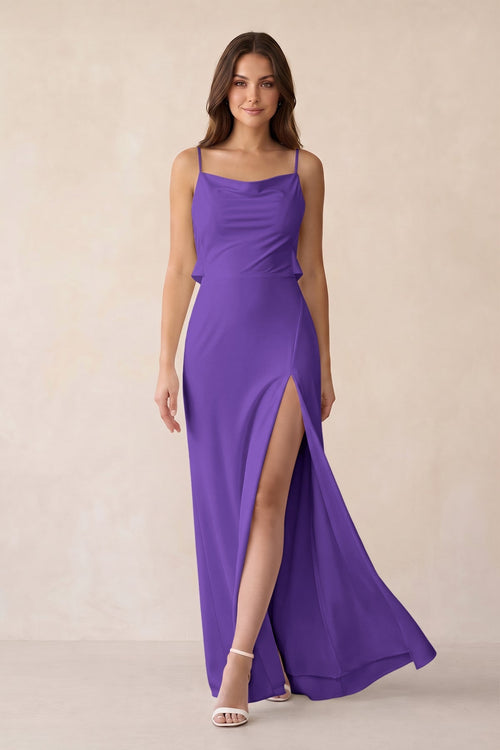 Sheath Satin Bridesmaid Dress with Side Slit in Tahiti - KissProm Bridesmaid Dresses