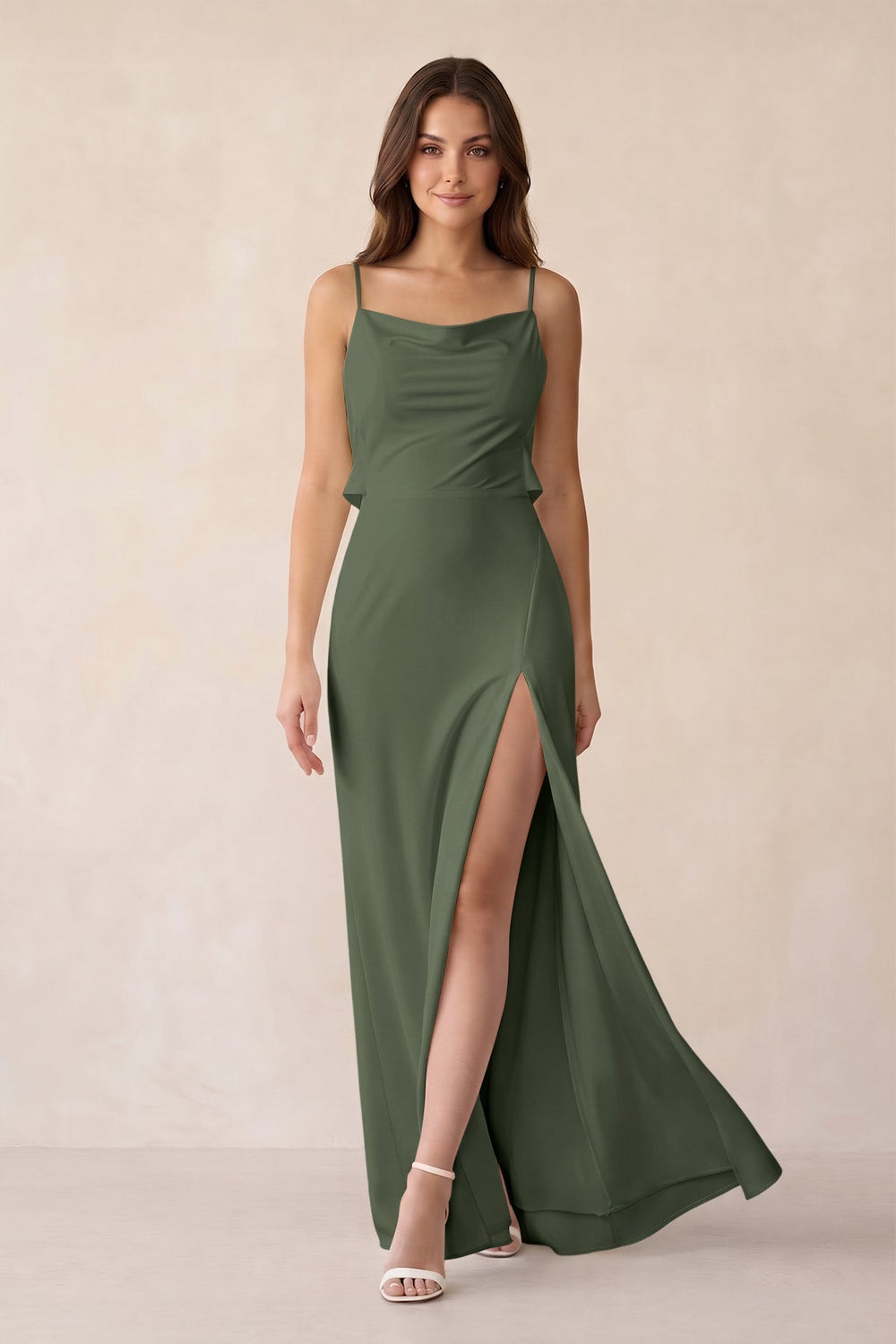 Sheath Satin Bridesmaid Dress with Side Slit in Thyme - KissProm Bridesmaid Dresses