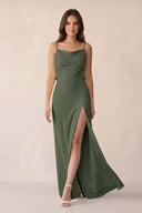 Sheath Satin Bridesmaid Dress with Side Slit in Thyme - KissProm Bridesmaid Dresses