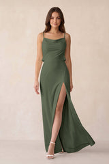 Sheath Satin Bridesmaid Dress with Side Slit in Thyme - KissProm Bridesmaid Dresses