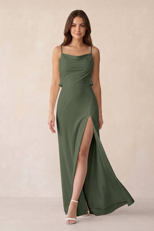 Sheath Satin Bridesmaid Dress with Side Slit in Thyme - KissProm Bridesmaid Dresses
