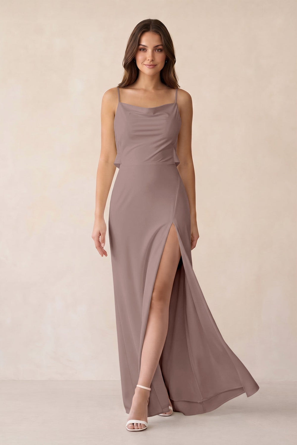 Sheath Satin Bridesmaid Dress with Side Slit in Toffee - KissProm Bridesmaid Dresses