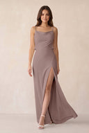 Sheath Satin Bridesmaid Dress with Side Slit in Toffee - KissProm Bridesmaid Dresses