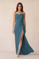 Sheath Satin Bridesmaid Dress with Side Slit in Twilight - KissProm Bridesmaid Dresses