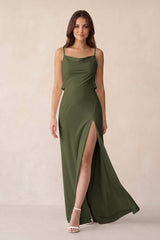 Sheath Satin Bridesmaid Dress with Side Slit in Willow Green - KissProm Bridesmaid Dresses