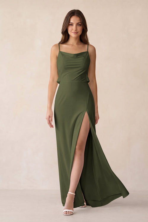 Sheath Satin Bridesmaid Dress with Side Slit in Willow Green - KissProm Bridesmaid Dresses