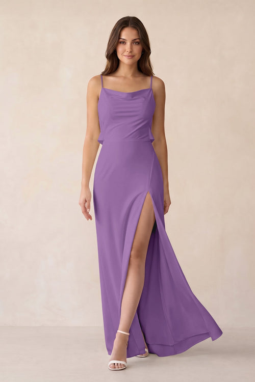 Sheath Satin Bridesmaid Dress with Side Slit in Wisteria - KissProm Bridesmaid Dresses